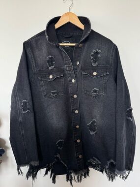 American Bazi Distressed Denim Jacket Black Raw Hem Fringe Shacket Medium